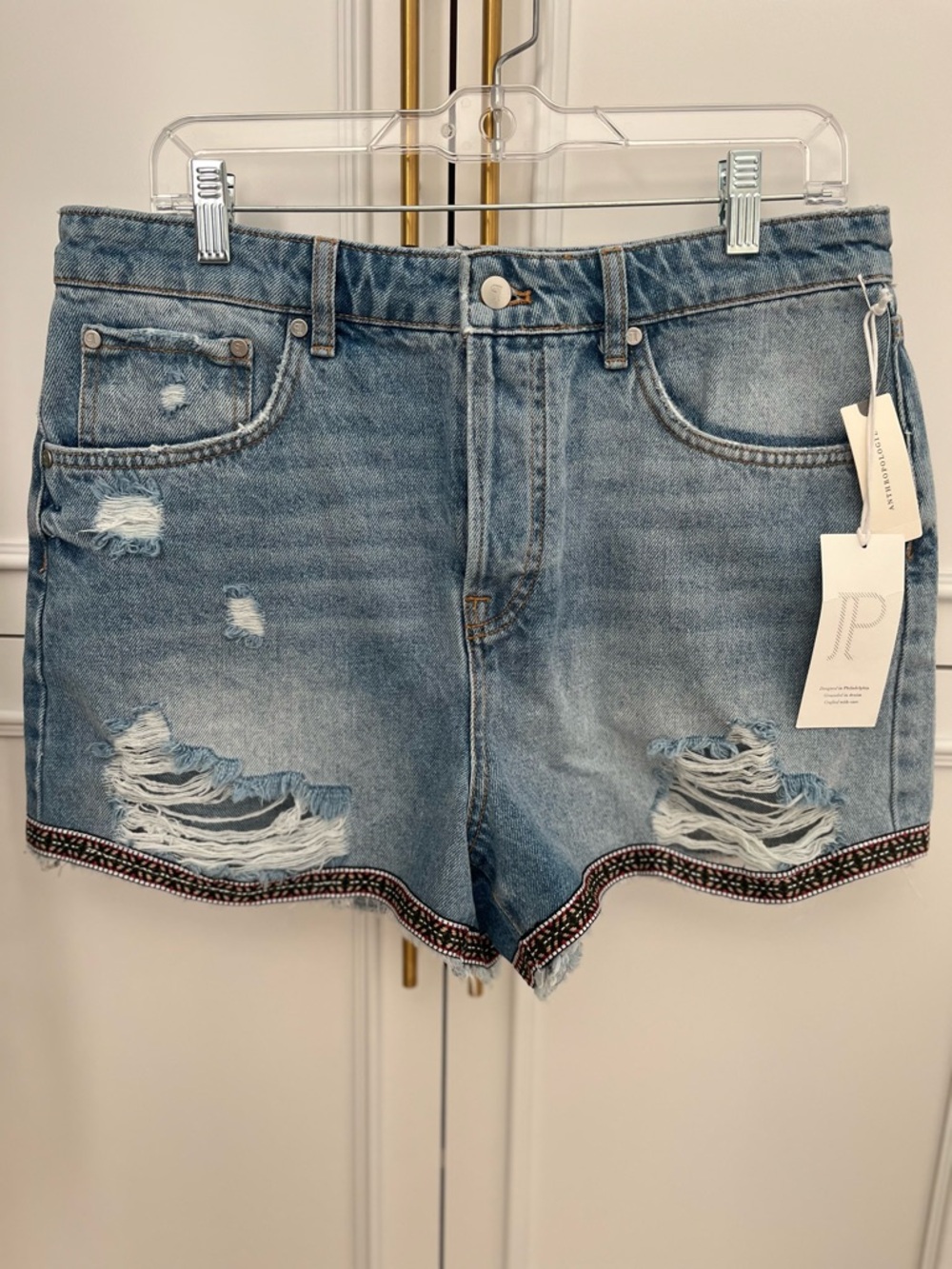 Pilcro Anthropologie Blue Denim Shorts with Embroidered Hem
